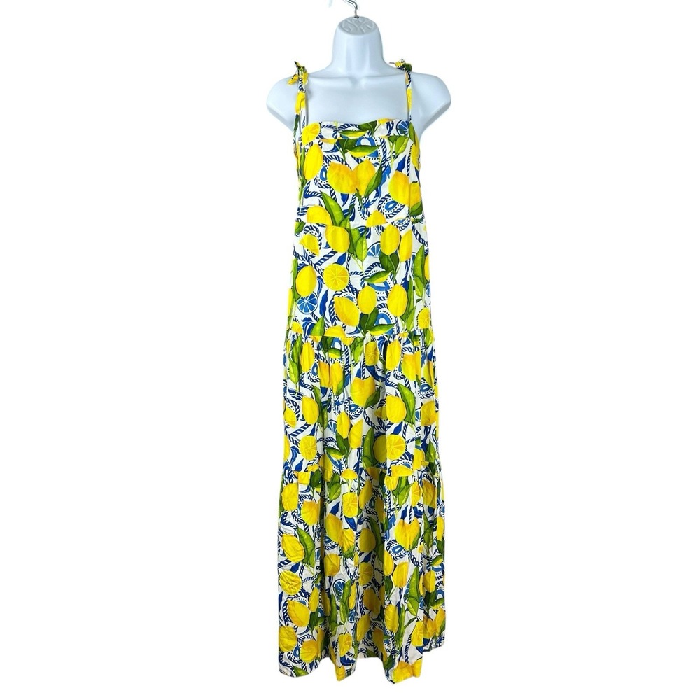 Kenny Flowers Yellow Lemon & Blue Leaf Tiered Maxi Dress